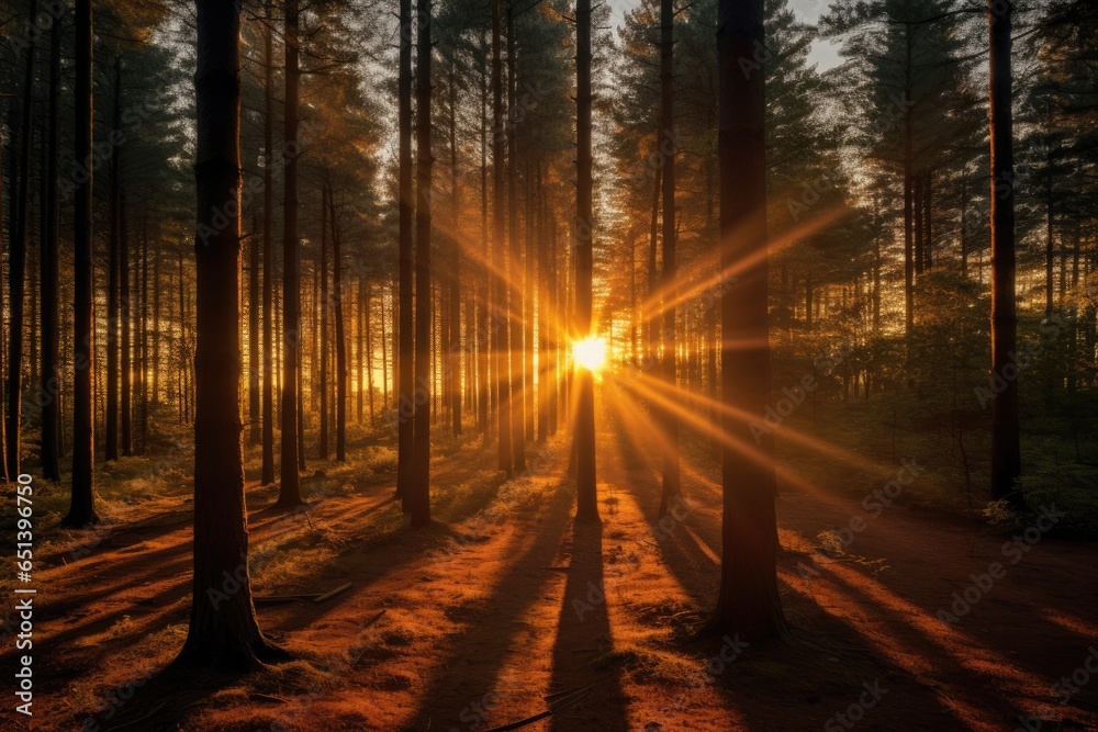 Obraz premium Magical sunset in the forest with the sun's rays penetrating through the trees