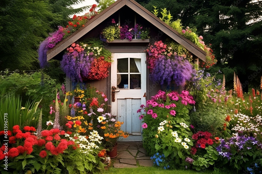 Beautiful cottage garden shed with vibrant summer flowers. Generative AI