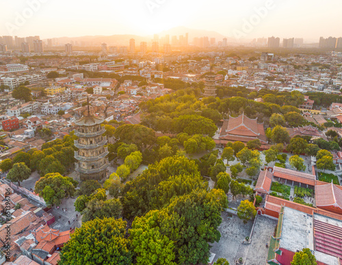 Aerial photography of the East and West Twin Towers of Kaiyuan Temple and West Street of Quanzhou City, Quanzhou City, Fujian Province, China © Changyu
