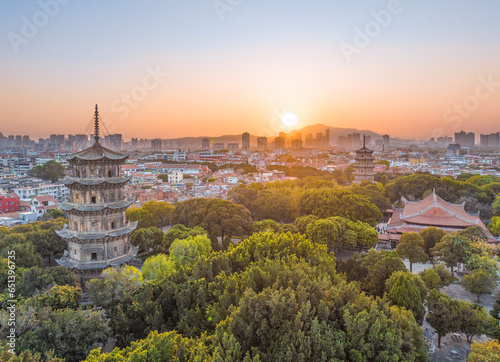 Aerial photography of the East and West Twin Towers of Kaiyuan Temple and West Street of Quanzhou City, Quanzhou City, Fujian Province, China