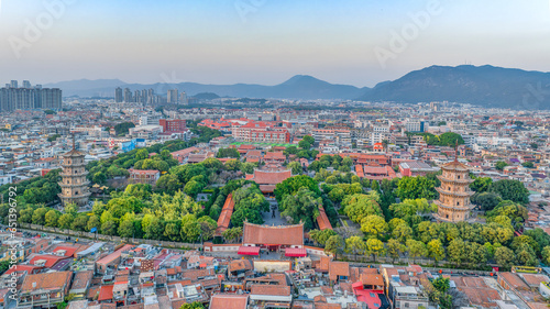 Aerial photography of the East and West Twin Towers of Kaiyuan Temple and West Street of Quanzhou City, Quanzhou City, Fujian Province, China