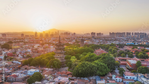 Aerial photography of the East and West Twin Towers of Kaiyuan Temple and West Street of Quanzhou City, Quanzhou City, Fujian Province, China