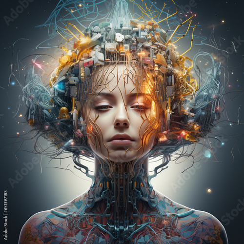A futuristic portrayal of a human brain seamlessly integrating with advanced AI technology.