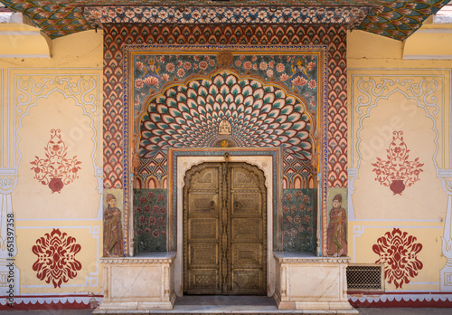 The Southwest Lotus Gate, dedicated to Shiva and Parvati, represents the summer season at The City Palace, Pink City, Jaipur,  Rajasthan, india photo