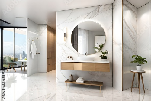 An elegant white washbasin stands on a white shelf. A round mirror hangs above it. White marble bathroom interior. Modern bathroom interior photo