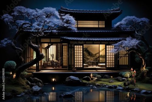 Moonlit Japanese home. Generative AI