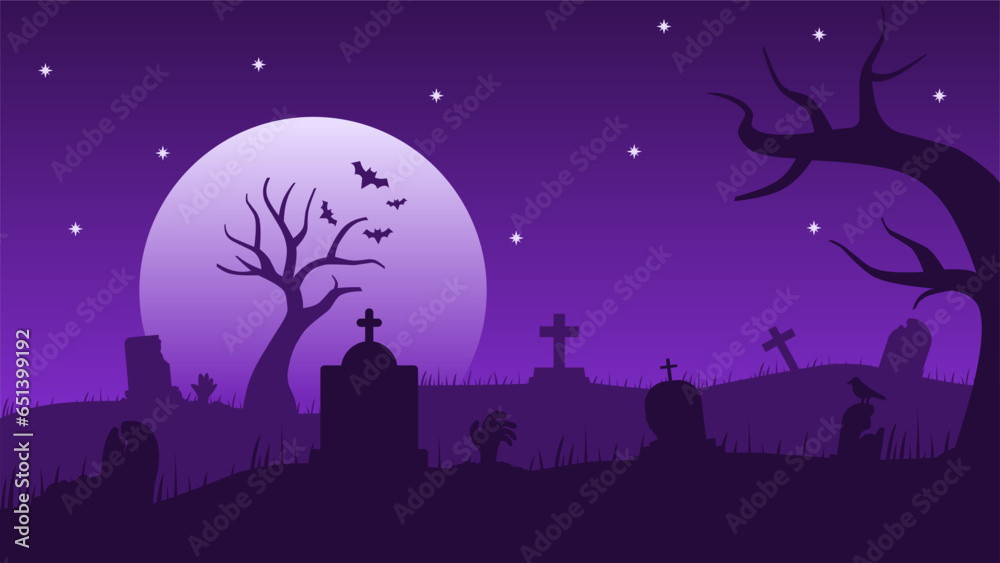 Vector illustration of cemetery for Halloween event. Cemetery landscape for Halloween celebration. Halloween landscape for background, wallpaper, or landing page. Trick or treat illustration