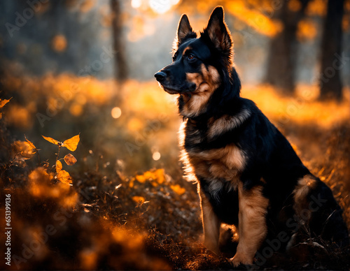 German shepherd dog in the forest on an autumn day at sunset. Selective focus.