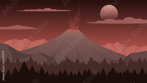 Vector illustration of volcano with smoke eruption. Volcano landscape in the night. Volcanic landscape for background, wallpaper, or landing page. Landscape nature illustration with gradient style