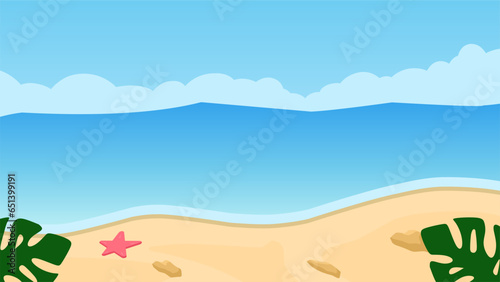 Vector illustration of beach with seascape. Beach with blue sea and clear sky. Beach landscape for background, wallpaper or landing page