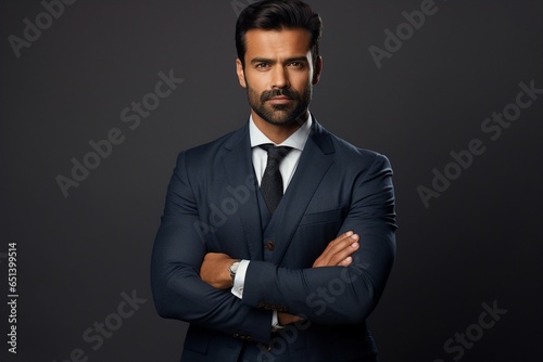 A confident bearded Indian businessman investor, a rich ethnic CEO, corporate executive, professional, banker, and a male office employee stand isolated on a gray background with arms crossed.