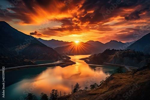 sunset over mountains and lake © PinkiePie