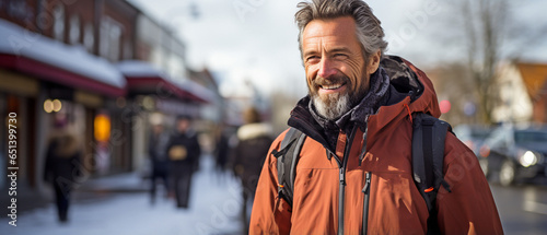 a side view of a fit older man enjoying a Nordic stroll with poles in a city.