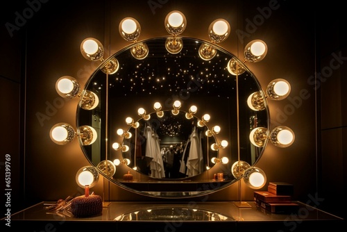 An artistic mirror in a dressing room with bulbs. Generative AI