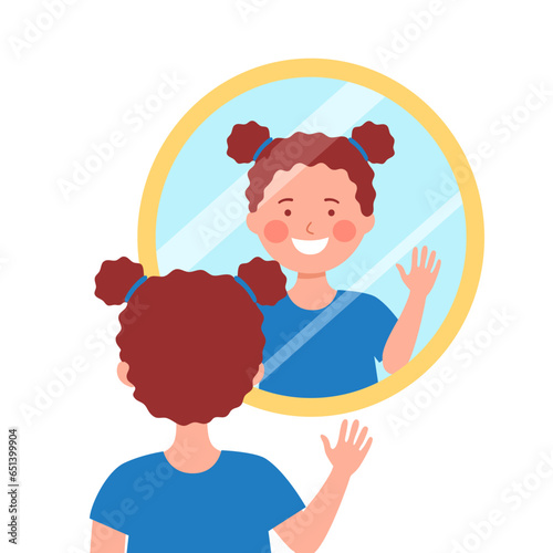 Little girl smiling to herself with happiness in a mirror. Self confidence kids.