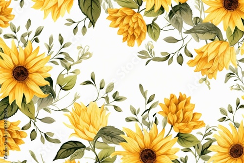 A watercolor floral pattern with leaves & sunflowers on a white background. Generative AI