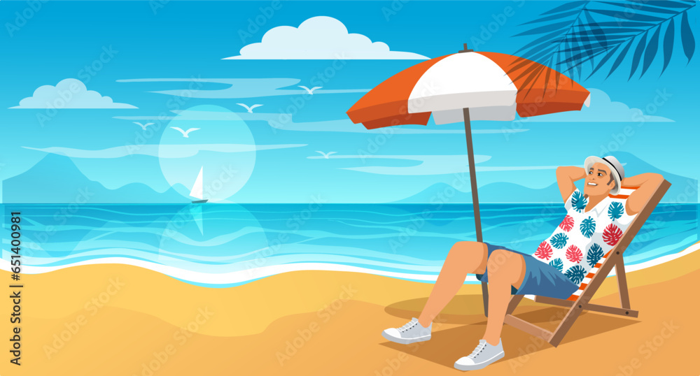 Feelancer working and rilaxing on the beach. Business Man Remote Work Place. Businessman at the beach. destination for summer travel holidays concept.