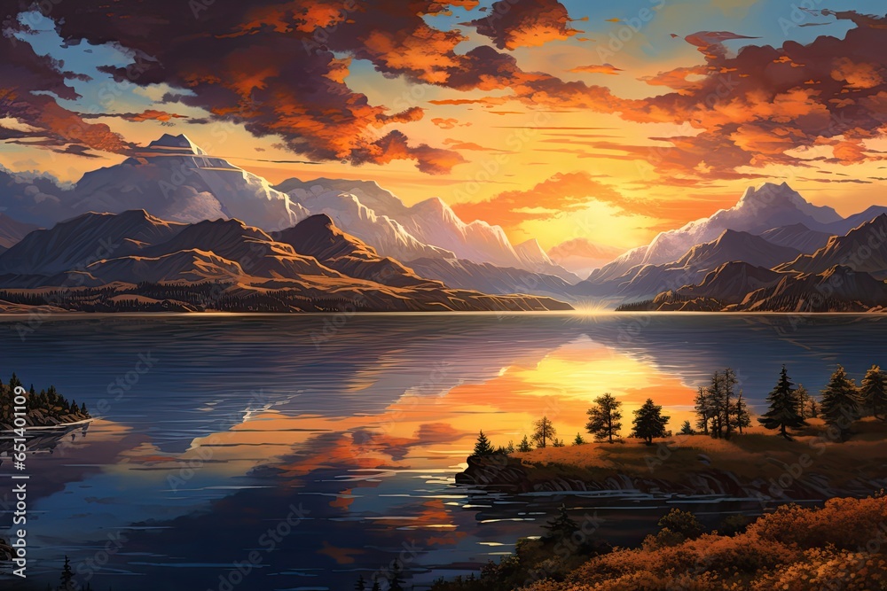sunset over mountains and lake