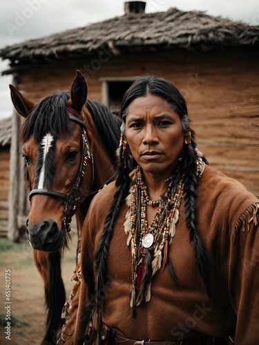 native american with brown horse, with native american house background