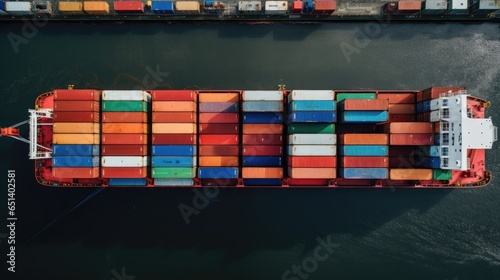 Aerial top view of ocean cargo ship with contrail in cargo transport technology export ship.