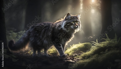 Wildlife photography landscape photography 80mm tree shadows and sunbeams superimposed on a gorgeous graceful elegant wild forest cat hunting fluffy fur texture realistic ultra HD rich vibrant 