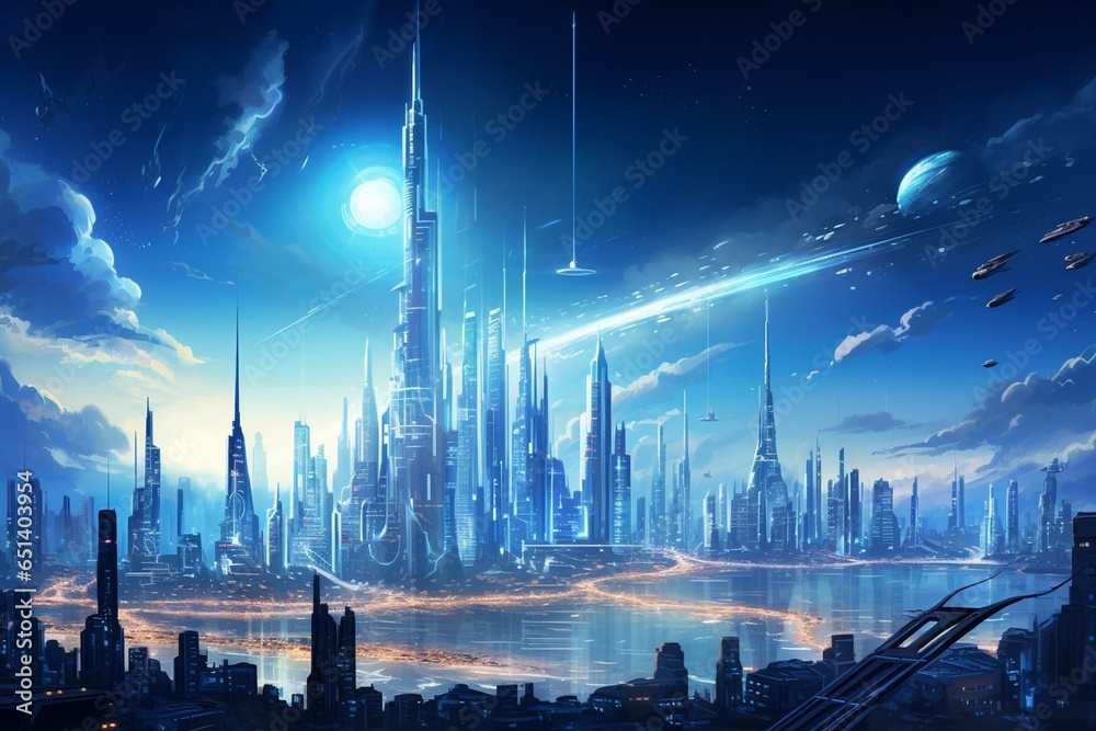 An artwork featuring a futuristic city with glowing blue skyscrapers and high-tech towers, set against a serene light blue sky. Generative AI