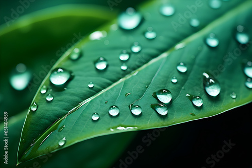 Large drop water reflects environment. Nature spring photography — raindrops on plant leaf. Background image in turquoise and green tones with bokeh