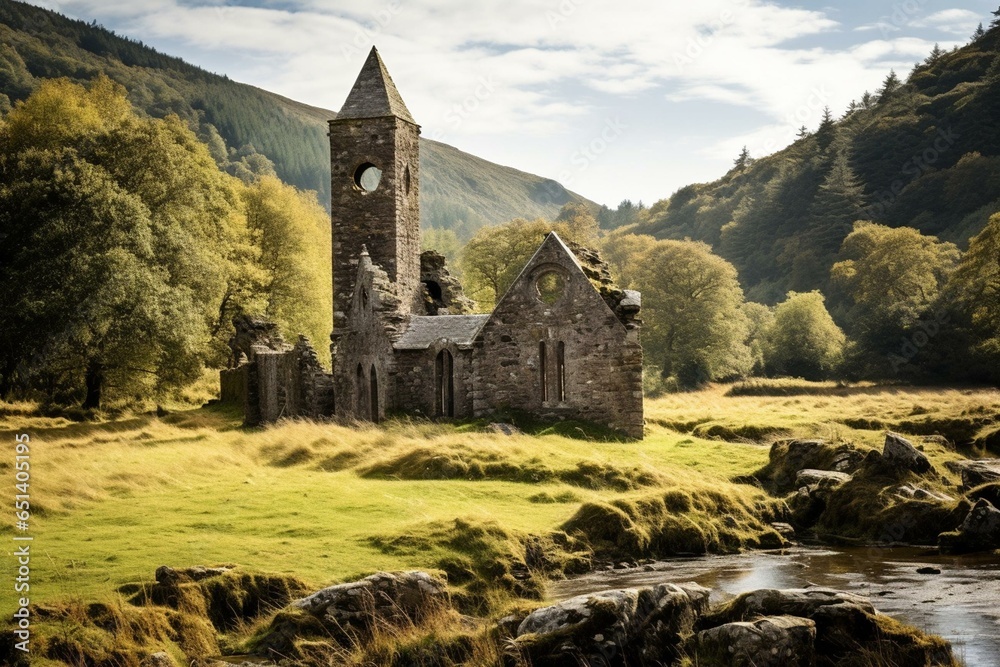 A sunny day view of a small medieval Christian church in Glendalough, Ireland. Generative AI