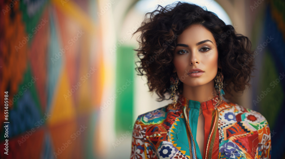 Hispanic woman standing out in a vibrant patterned jumpsuit and statement accessories Hispanic woman standing out in a vibrant patterned jumpsuit and statement accessories