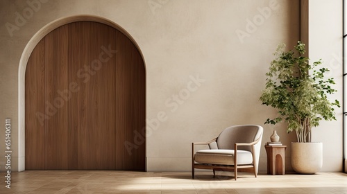 a lounge chair in a white and wood space, in the style of textured canvas, architectural vignettes, earth tone color palette, arched doorways,