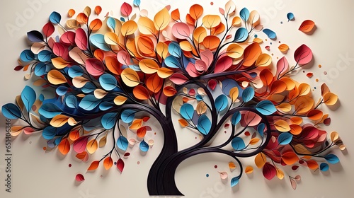Fototapeta Naklejka Na Ścianę i Meble -  Colorful tree with leaves on hanging branches illustration background. 3d abstraction wallpaper . Floral tree with multicolor leaves 
