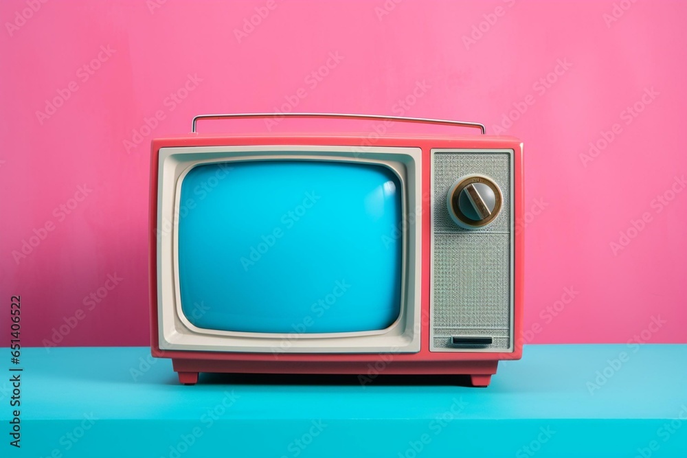 A pink TV on a blue background. Generative AI