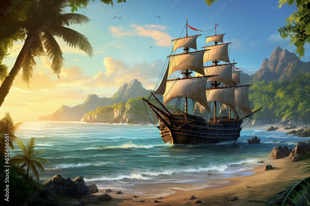 Obraz premium An illustration of a pirate ship arriving and docking at a tropical beach to recruit more pirates with beautiful artwork. Generative AI
