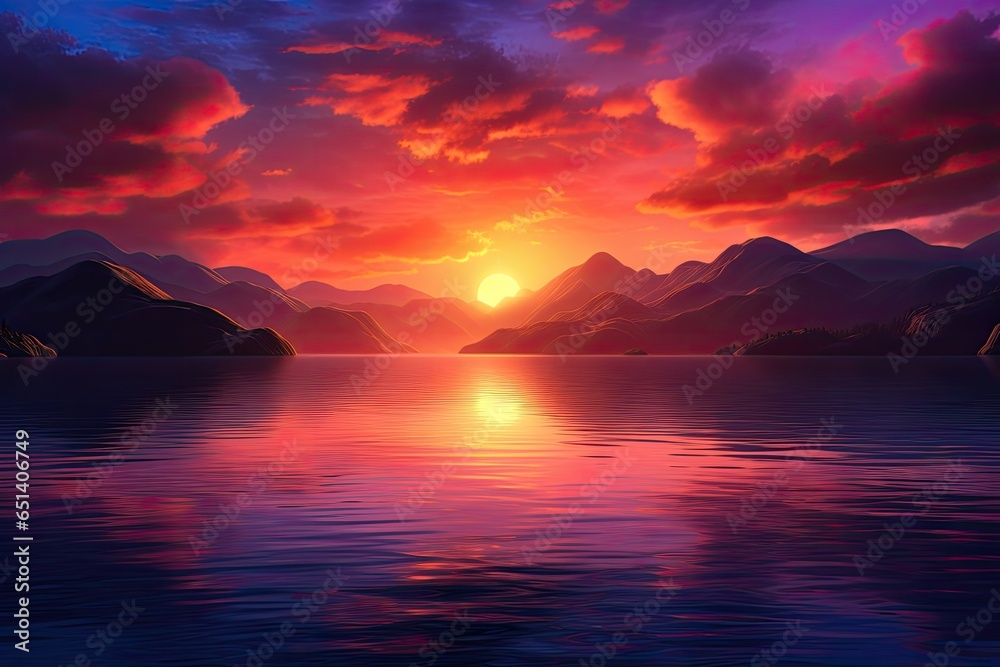 sunset over mountains and lake