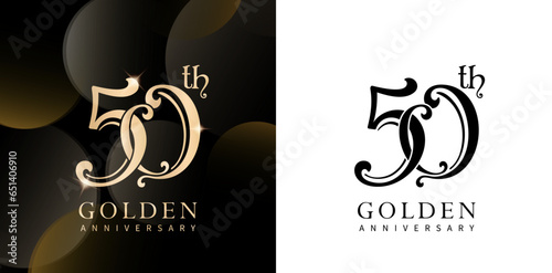 50 Years golden Anniversary Celebration Logo with Gold and Black colors isolated backgrounds for wedding invitation card, User interface and experience designs, event stationery, Branding and identity