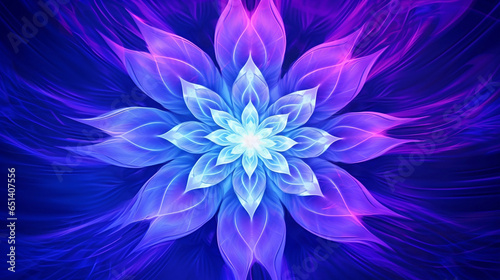 Neon glow blue and purple fractal flower pattern design, magic and fantacy concept abstract background. 