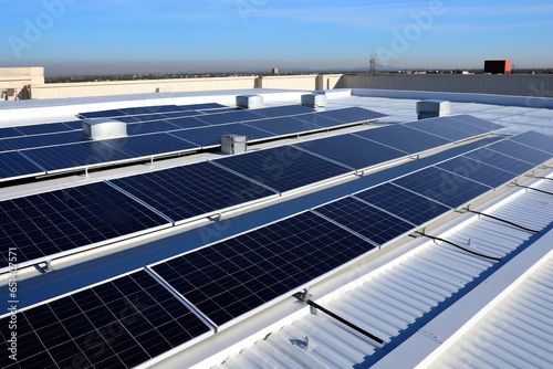 Solar panels on the roof of factory, renewable energy and green energy concept. 