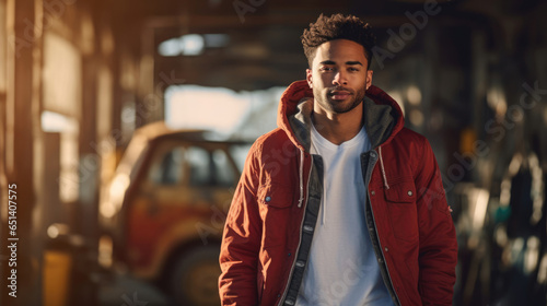 Leinwand Poster Mixed-race man flaunting a trendy bomber jacket,  ripped jeans,  and high-top sn