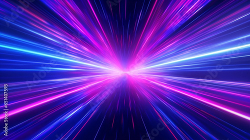 Blue and pink neon glow laser beam tunnel, high speed internet and digital concept abstract background.