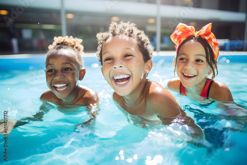 Joyful young children, sharing smiles and laughter as they swim together in a public pool, epitomizing fun and friendship