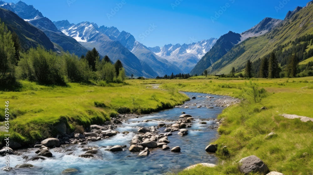 Crystal-clear streams wind through a pristine valley, reflecting the azure sky above.