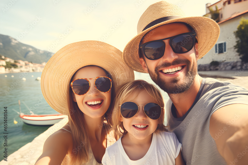 happy family taking close up selfie on holiday