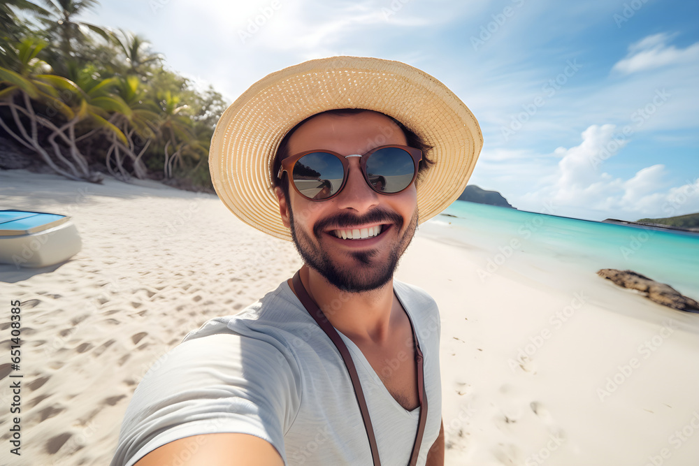 Handsome man wearing hat and sunglasses taking selfie on vacation
