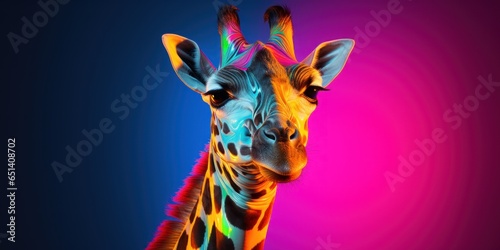Giraffe in neon light looks at you. AI Generation 