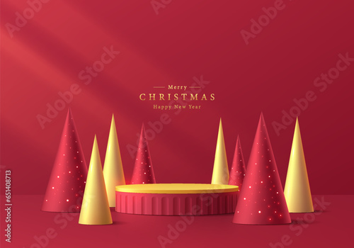 3D podium background. Red golden cylinder pedestal with red and golden christmas tree wall scene. Platforms mockup product display presentation. Abstract composition minimal design. Stage showcase.