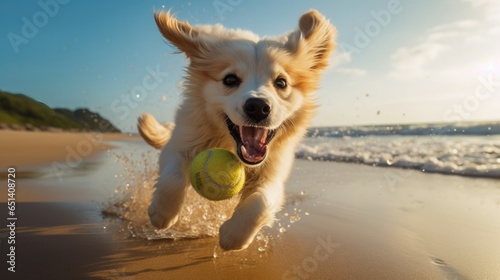 Excited dog playing fetch on sandy beach.