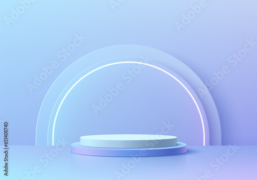3D background with blue hologram cylinder pedestal podium and semi circle glowing neon light wall scene. Platforms product display presentation. Abstract composition in minimal design. Stage showcase. © Riseness