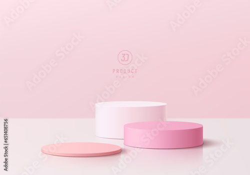 3D background with set of realistic white, red and pink cylinder pedestal podium on pastel scene. Platforms mockup product display presentation. Abstract composition in minimal design. Stage showcase.