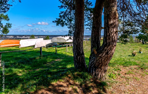 Beached fishing boats on a green beach near a shore of the Baltic Sea, photo ...