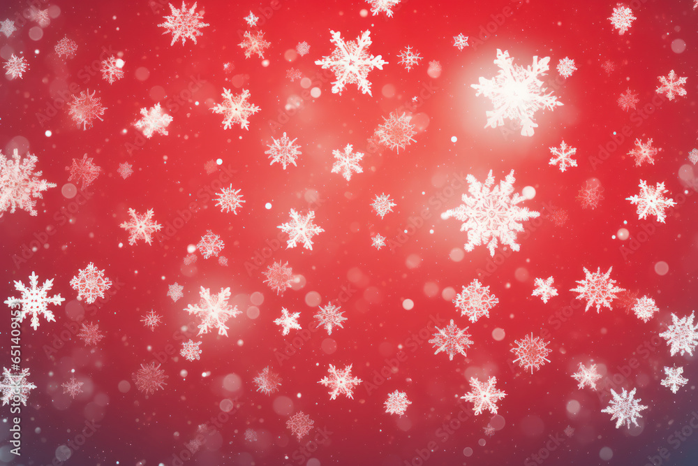Falling snowflakes on red background, Snowfall illustration.
